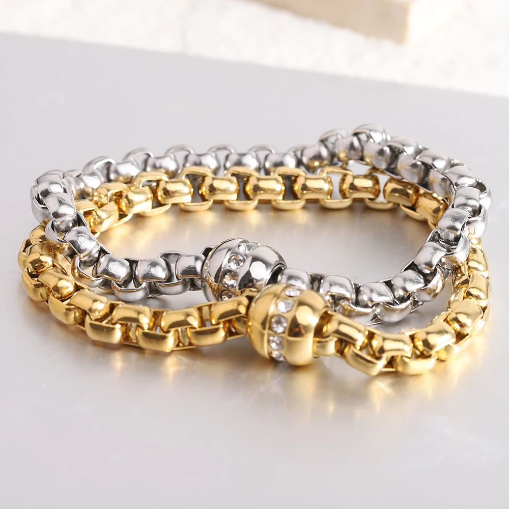 Street trendsetter rap personality versatile 7MM square round bead stainless steel bracelet 18K gold