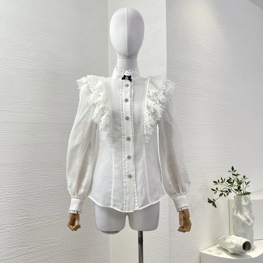 

White Lace Patchwork Diamonds Long Sleeve Blouse Tops