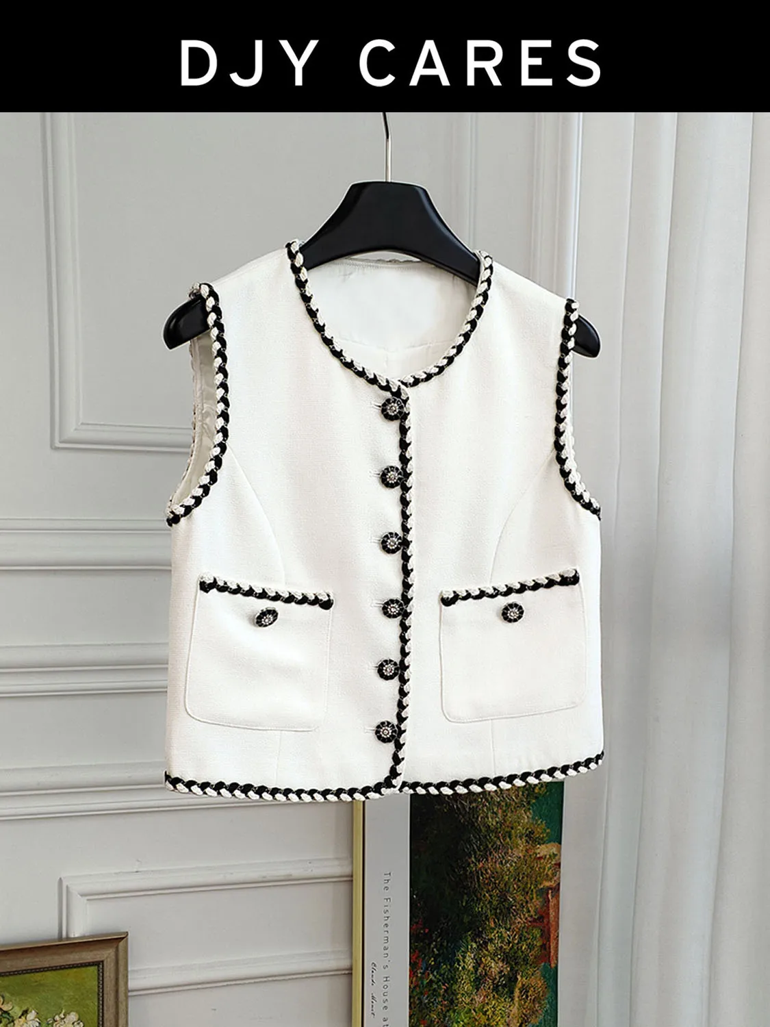 

New Elegant handmade border contrasting pocket vest short top big size