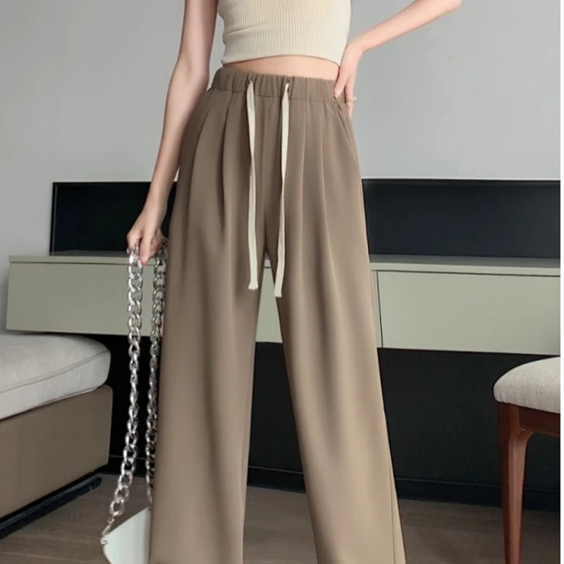 

High Waist Straight Leg Pants Women's Summer Ice Silk Drapey Trousers Korean Style Standard Fit Ultra Long Polyester Fiber