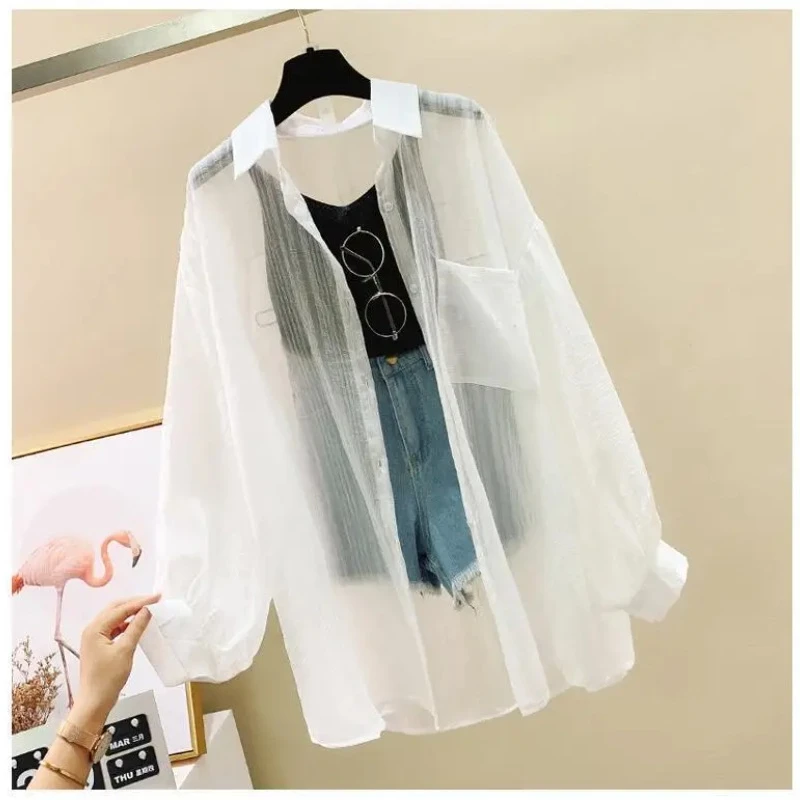 

Women Elegant Long Sleeve Perspective Sheer Sunscreen Chiffon Blouse Korean Fashion Loose Shirt Women Summer Beach Cardigans