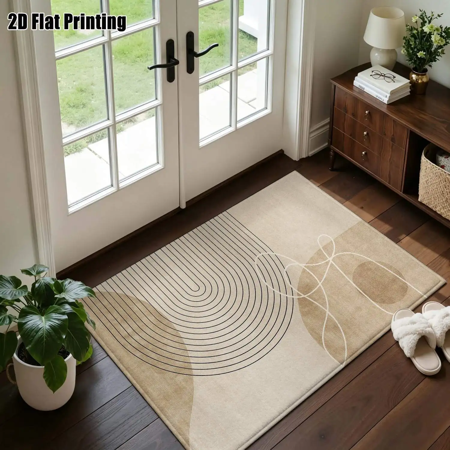 1Pc 2D Printed Beige Abstract Geometric Nordic-Style Carpet, Instagram-Inspired Modern Minimalist Floor Mat, Multiple Sizes, Machine Washable, Suitable for Home Decor and Multi-Scenario Use