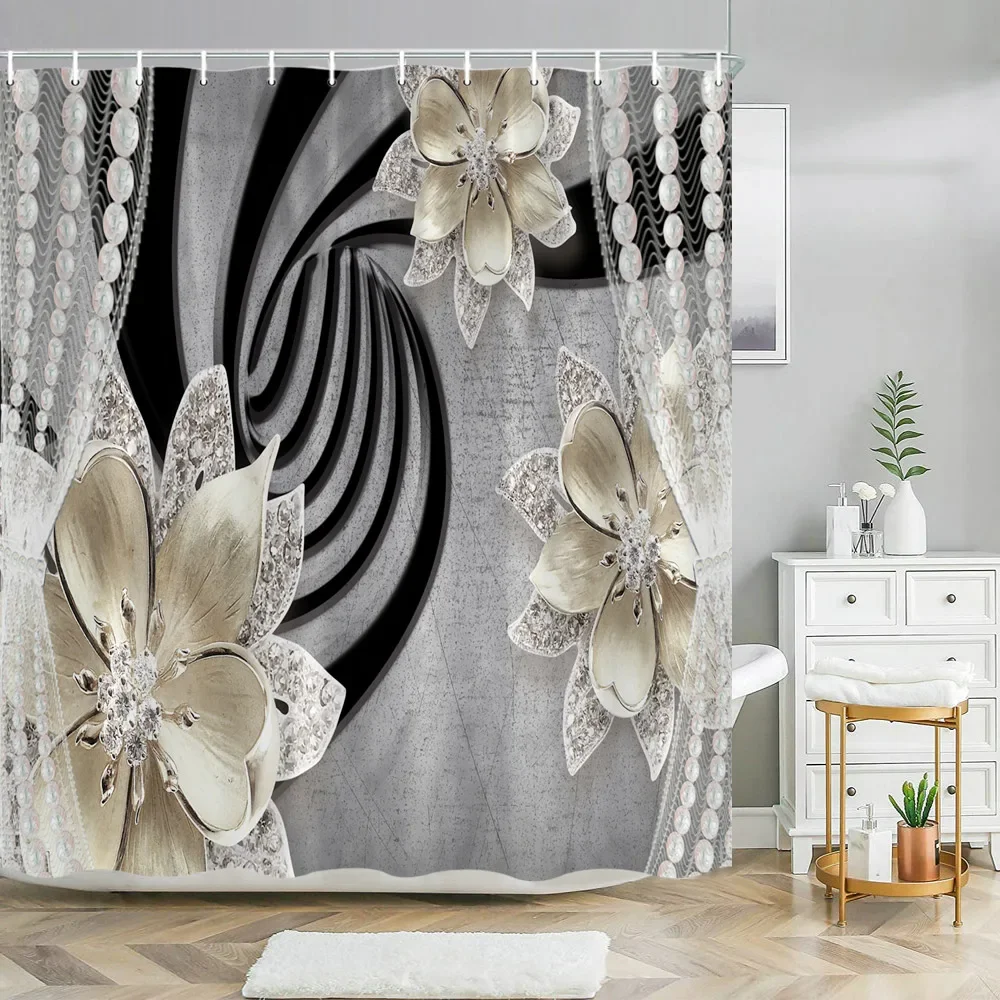 Elegant and Fashionable Fantasy Pearls and Diamonds Bouquet 3D Style Shower Curtain with Bath Rug Carpet Set Home Bathroom Decor