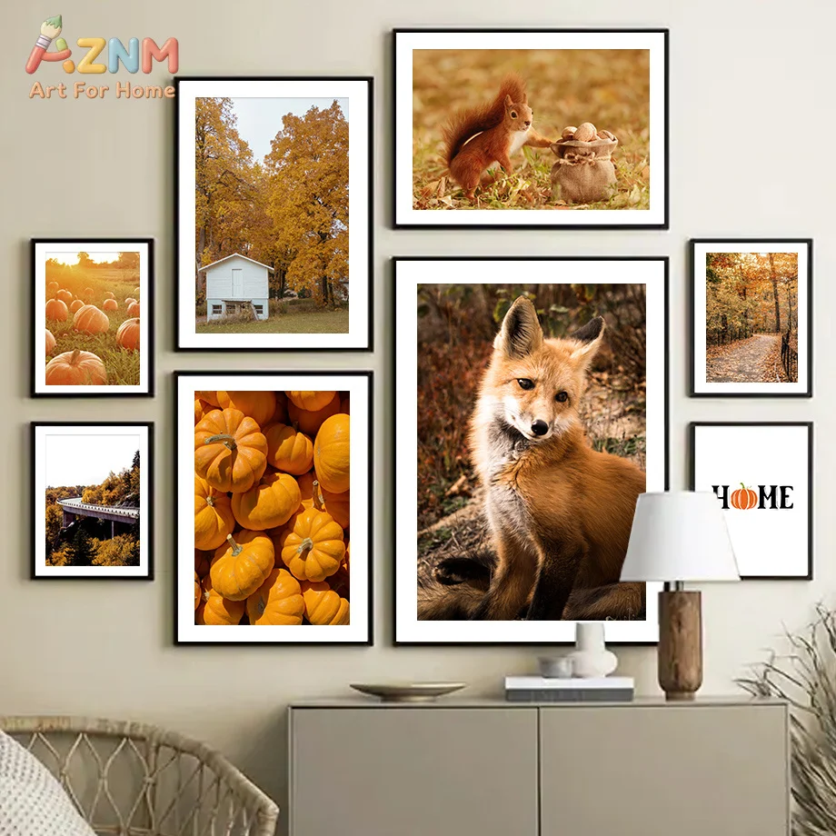 AZNM Unframed Canvas Print Autumn Fox Squirrel Pumpkin Wall Art Fall Forest Nature Home Decor Poster