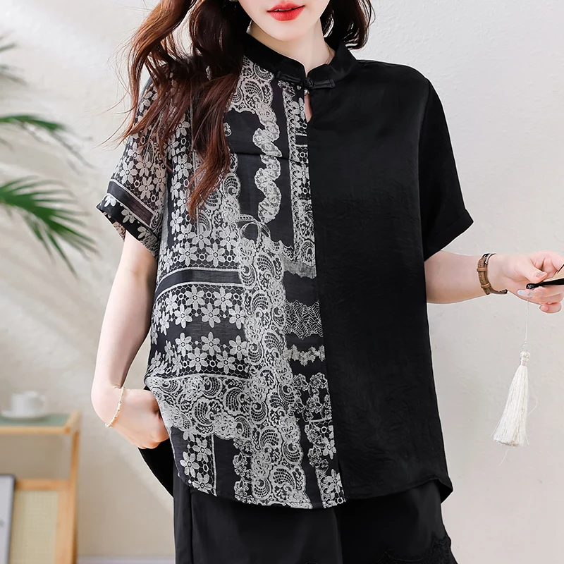 ゆったりとした夏用薄手の襟付きスタンドカラー、女性用カジュアルなゆったりシフォンブラウス、ボタン付きプリント柄、大きいサイズ