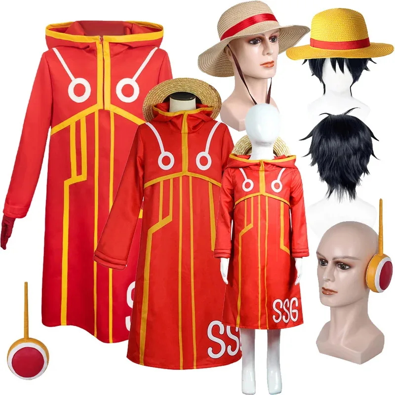 

Adult Kid Luffy Cosplay Egg Head Costume Hat Wig Earmuffs Anime Pirate Coat Gloves Male Children Outfits Halloween Party Suit