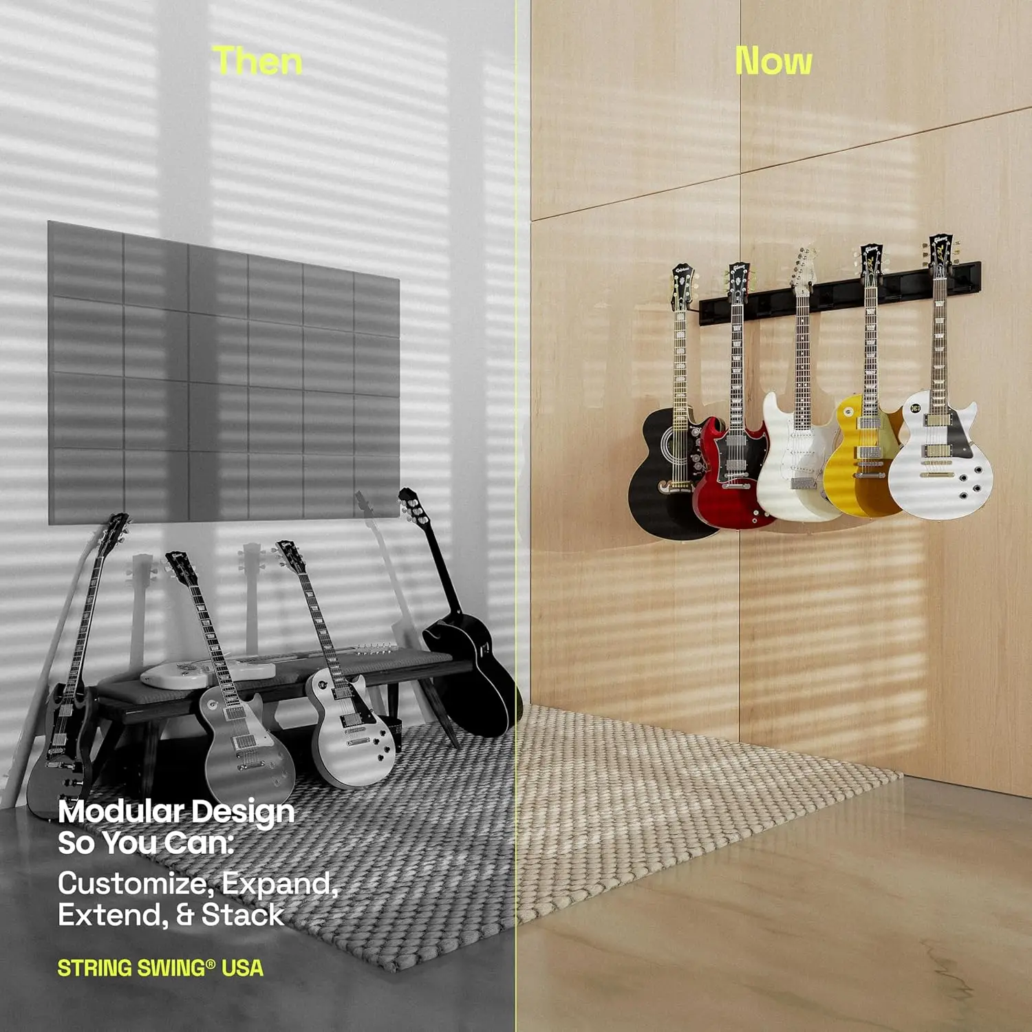 Guitar Wall Rack, Multiple Guitar Wall Mount, Guitar Organizer for Acoustic & Electric Guitars, 5 Padded Arm Hanger