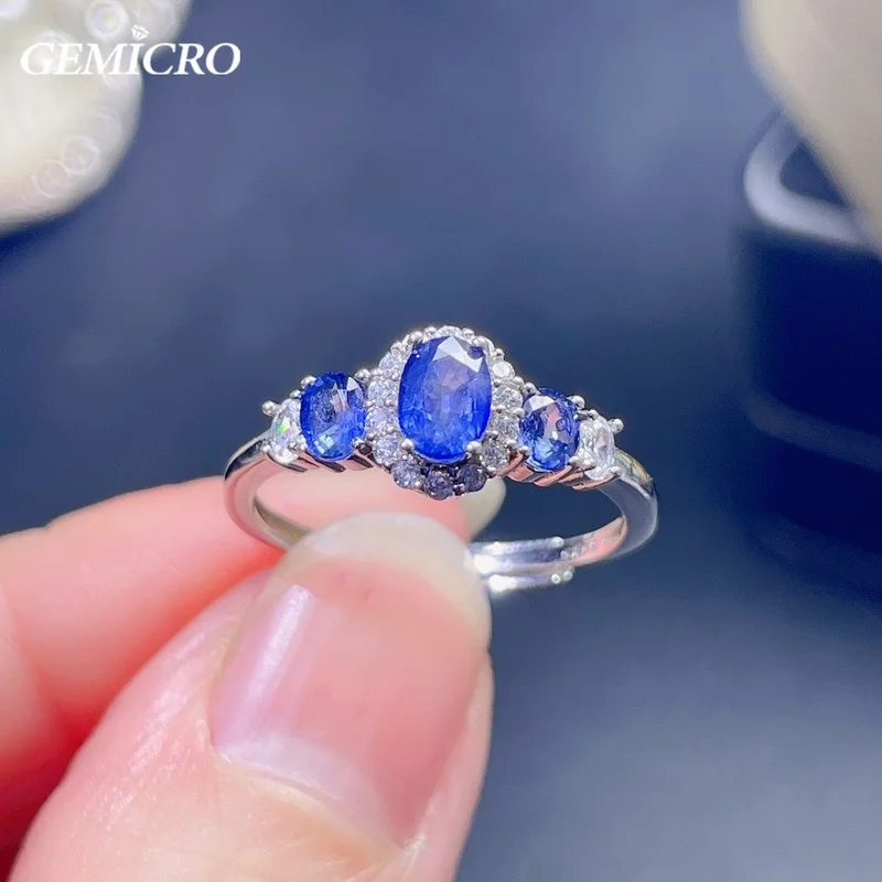 Gemicro Natural Sapphire Resizable Ring with Stones of 4X6mm and S925 Sterling Silver for Women Gifts and Birthstone Gem Jewelry