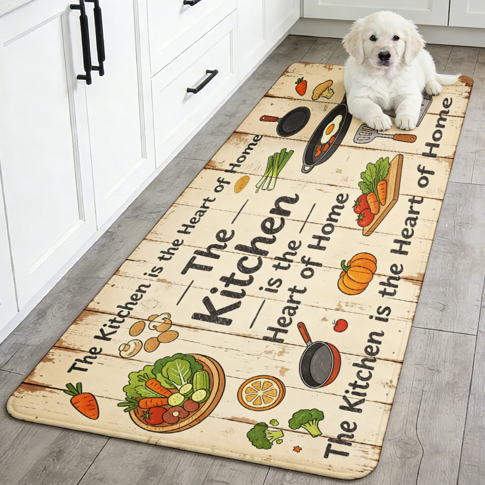 White Worn Wood Veggie Pot Kitchen Runner Mat Anti Slip Absorbent Rug Kitchen Is Home Heart Print Carpet Bath Cooking Laundry
