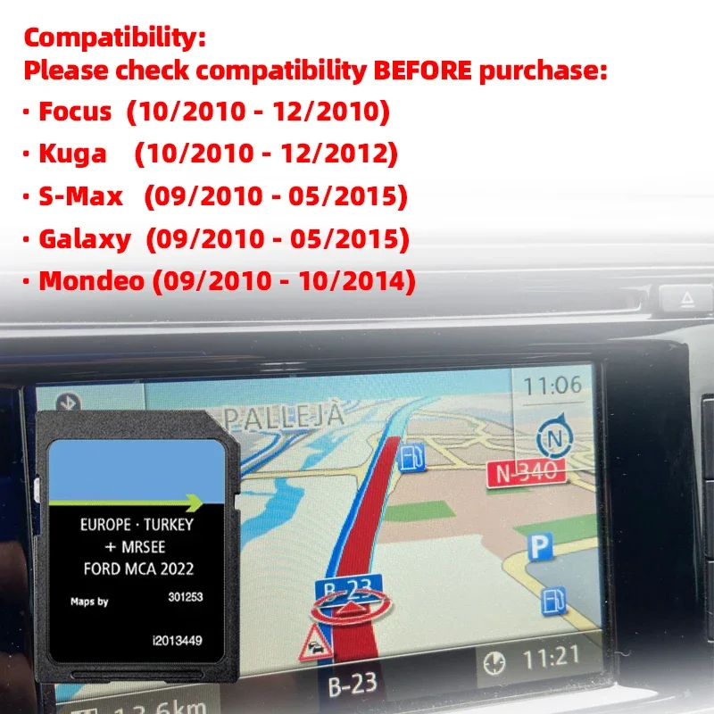 Naving Sat Nav Europe for Ford SD Card Maps Mondeo Kuga Focus C-Max S-Max (2010-2014) MCA 2022