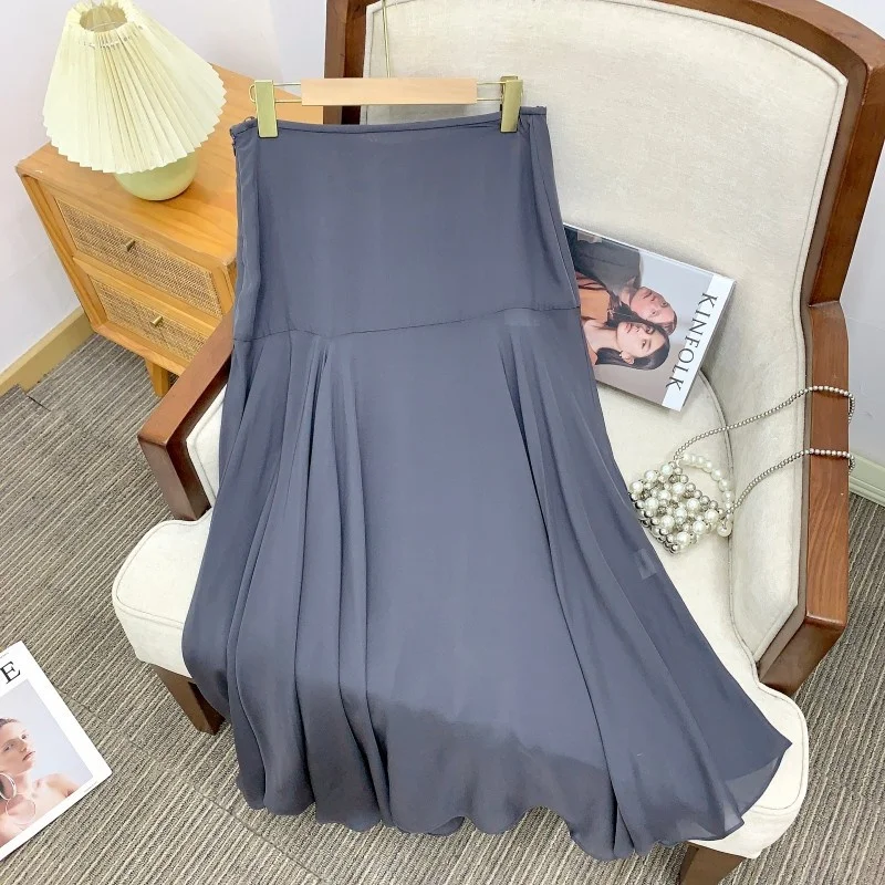 

Шелковая шифоновая юбка с двойным слоем, асимметричным подолом и дизайнерскими вставками, повседневная женская юбка А-силуэта со средней талией