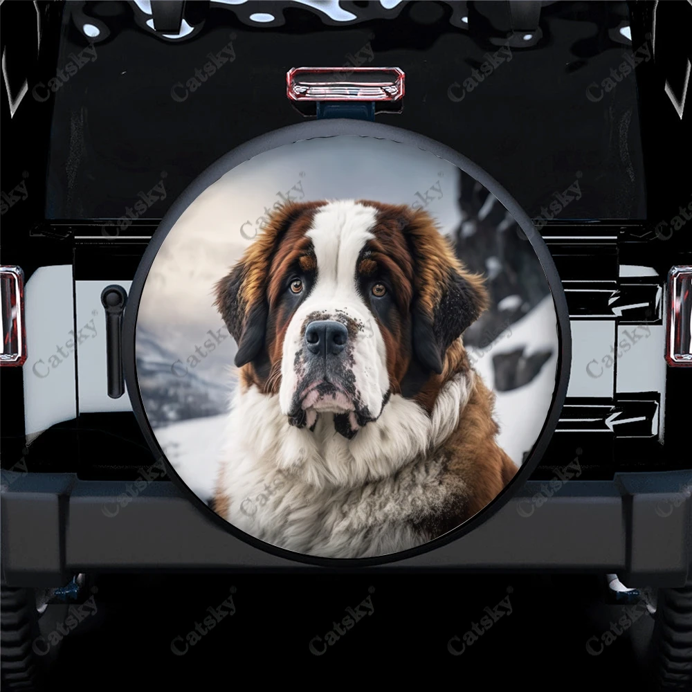 Dog In Flowery Meadow Polyester Universal Spare Wheel Tire Cover Wheel Covers for Trailer RV SUV Truck Camper