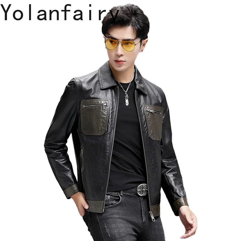 YOLANFAIRY Real Cow Leather Jacket Motocycle Trend Coat Black Autumn Mens Clothes Casual Short Jackets Top 2024 Косуха Мужская