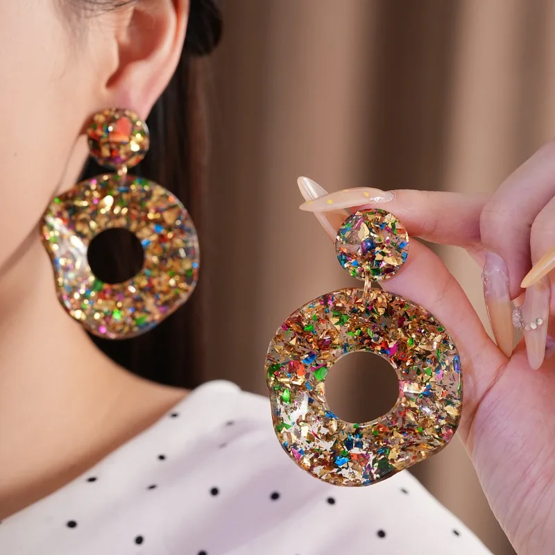 Summer Colorful Confetti Foil Irregular Hollow Hoop Dangle Earrings Resin Exaggerated Party Vacation Earrings for Women