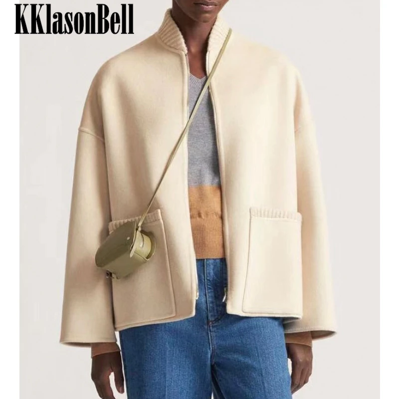 12.13 KKlasonBell Casual Loose Ribbed Stand Collar Zipper Cashmere Wool Coat Women