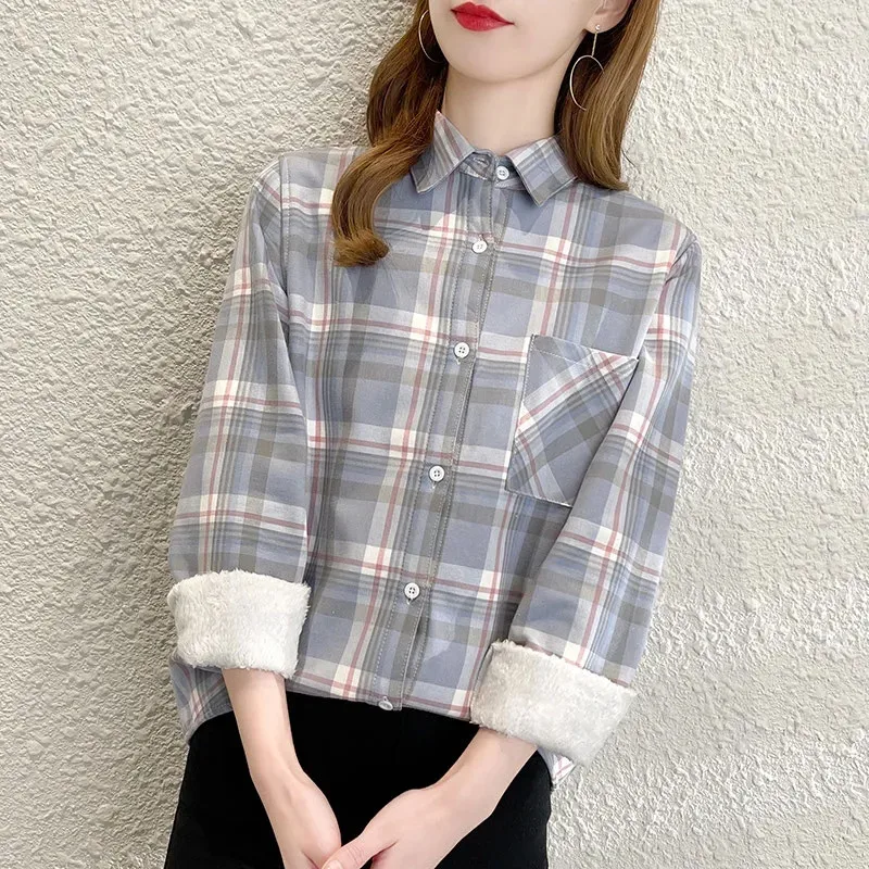 2023 Autumn Winter New Add Velvet Pink Plaid Shirt Fashion Women's Blouse Shirt  Long Sleeved Thick Warm Shirt Jacket Female