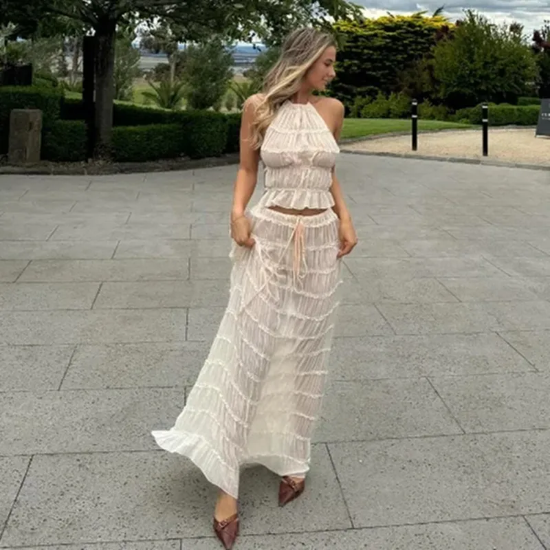 Fashion Halter Neck Long Skirt Suit Women Backless Sling Top Lace Up Fold Maxi Skirts New Summer Female 2 Piece Set Outfits