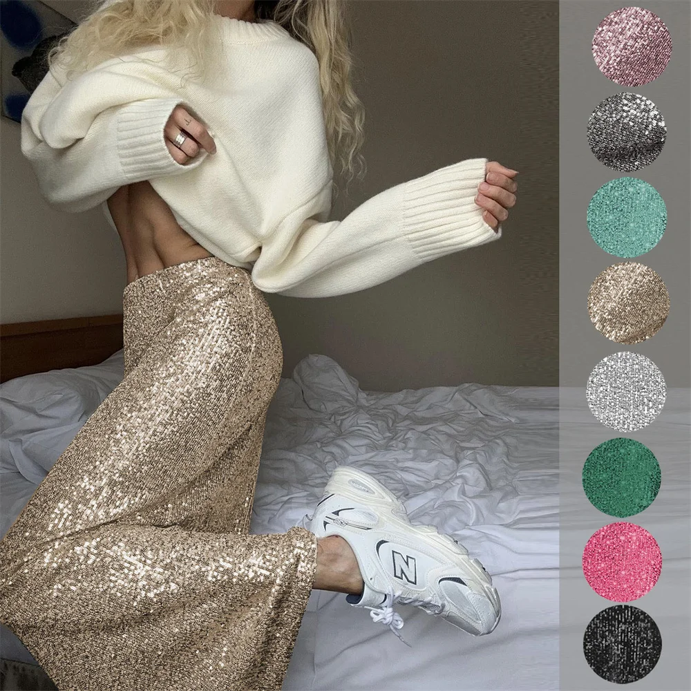 

Women Glitter Sequin Maxi Skirts Autumn Sexy High Waist Dropped Loose Long Skirt Club Party Female Fashion Streetwear