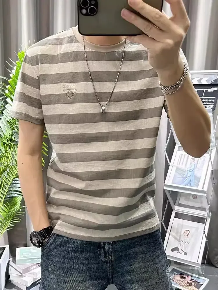 Man Tee Shirts O Neck Striped Apricot Cotton Linen T Shirt for Men Short Quarter Sleeve Summer Basic Cheap Clothes Ordinary Top