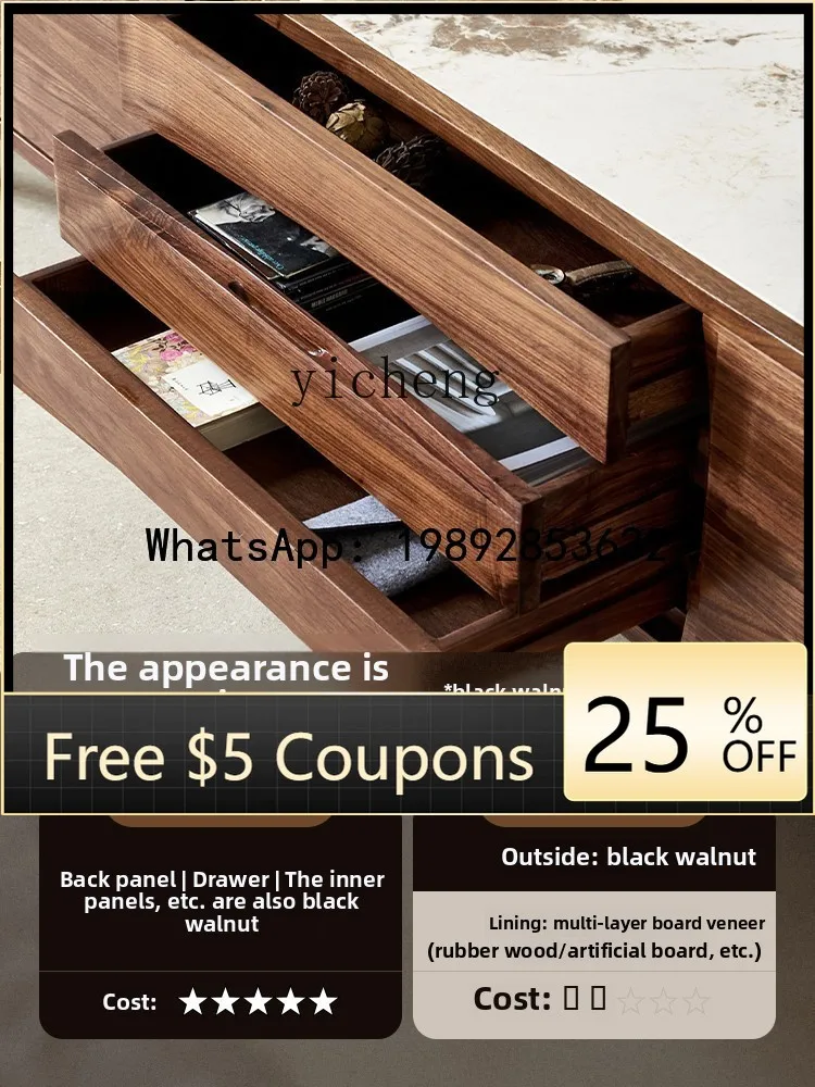 

Z5 black walnut solid wood TV cabinet rock slab TV storage living room minimalist floor cabinet