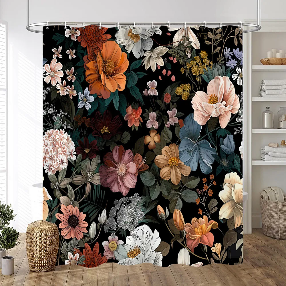 Black Background On Colourful Flowers Shower Curtain Vintage Style Artistic Creativity Print Fabric Bath Curtains Bathroom Decor