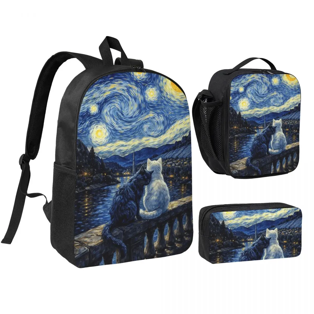 Starry Night Cats Artistic Backpack Student BookBag School Bag Shoulder Bags 3ps Insulated Lunch Bag Pencil Case