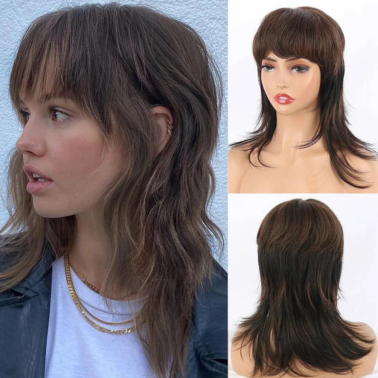 Black Women Synthetic Mullet Wig 80s 90s Black Mullet Wig with Bangs for Daily Party/Halloween/Cosplay