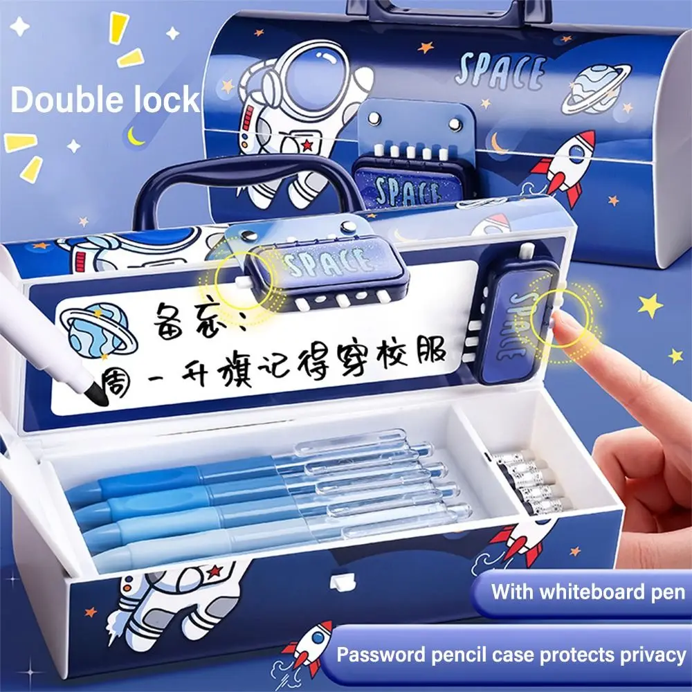 Portable Pencil Case With Password Lock Multi-Function Large Capacity Pen Box Cartoon Stationery Organizer Student Gift