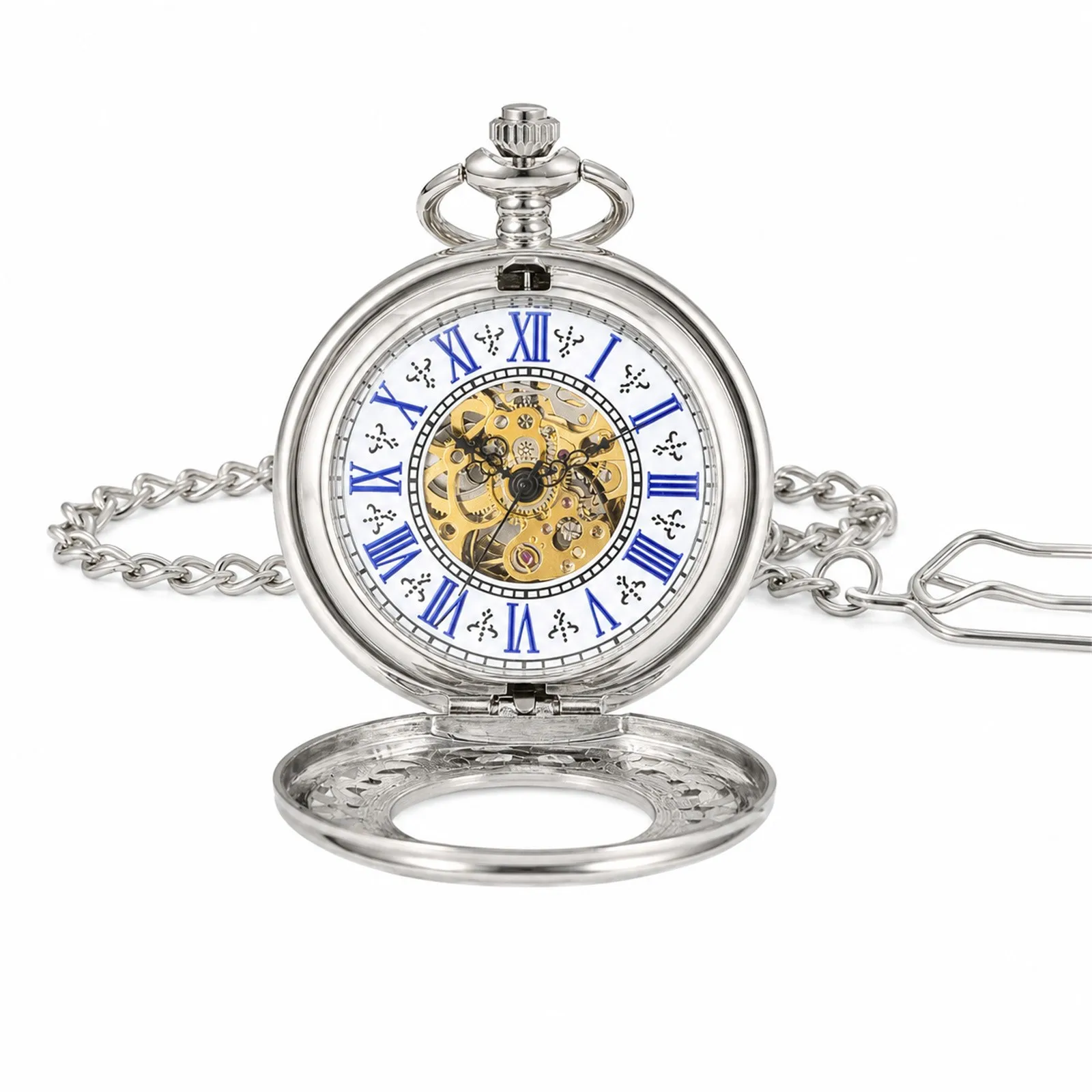 Mens Skeleton Mechanical Pocket Watch Retro Roman Numerals Half Hunter Silver Vintage Antique Fob Pendant Clock for Men Gift