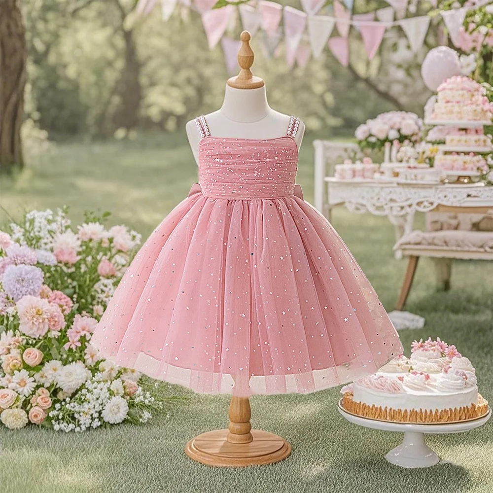 

Rose pink sparkling decorative dress for young girls elegant simple dress suitable for special occasions perfect for girls