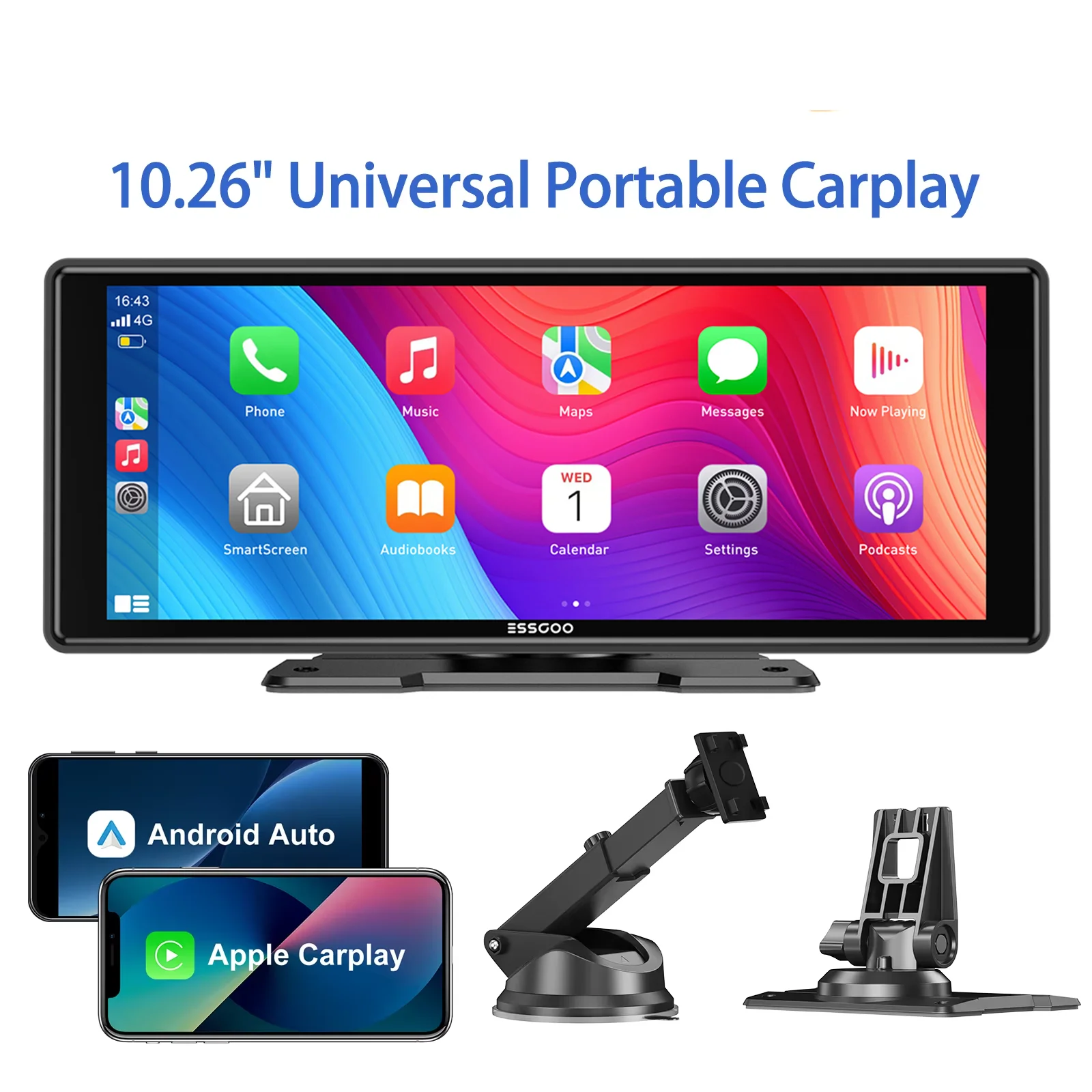 ESSGOO 10.26" Universele Draagbare Dashcam Draadloze CarPlay Android Auto 1600*600 HD Scherm GPS Navigatie Mirror Link FM USB BT AUX TF - afbeelding 2