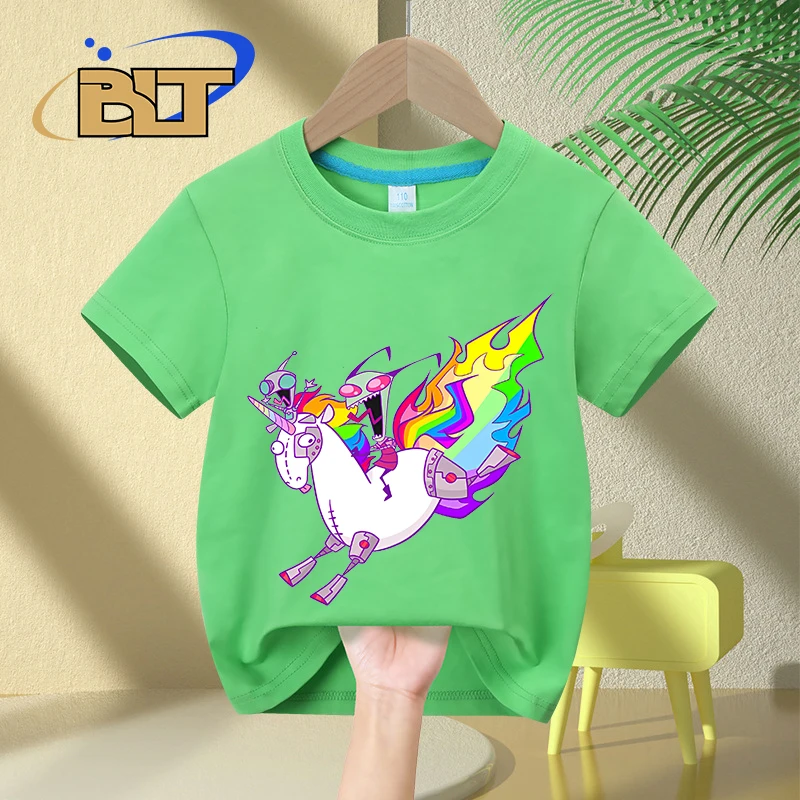 T-shirt de manga curta com estampa unicórnio para menino e menina, top casual algodão, verão