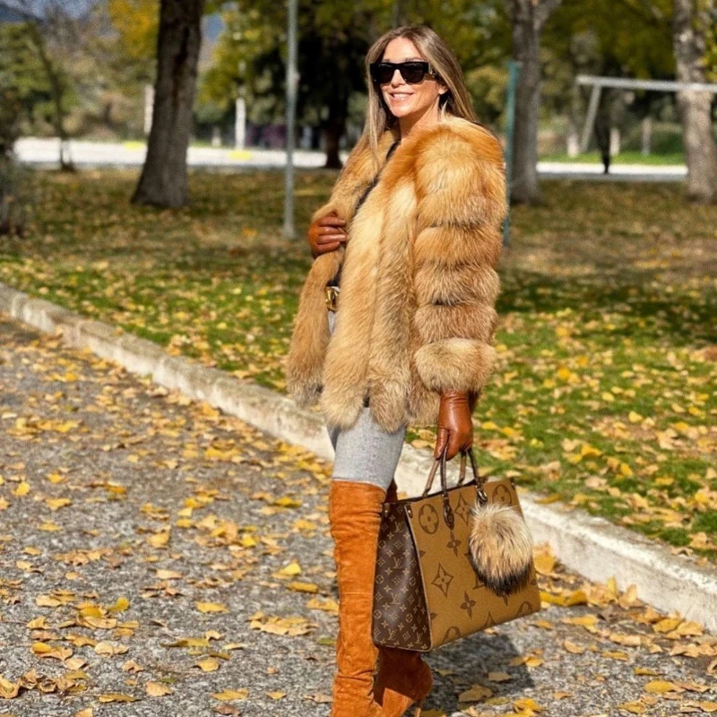 Abrigo de piel de zorro roja auténtica de lujo para mujer, chaqueta gruesa de piel de zorro Natural cálida para invierno, abrigo de piel auténtica hecho a mano a la moda para mujer