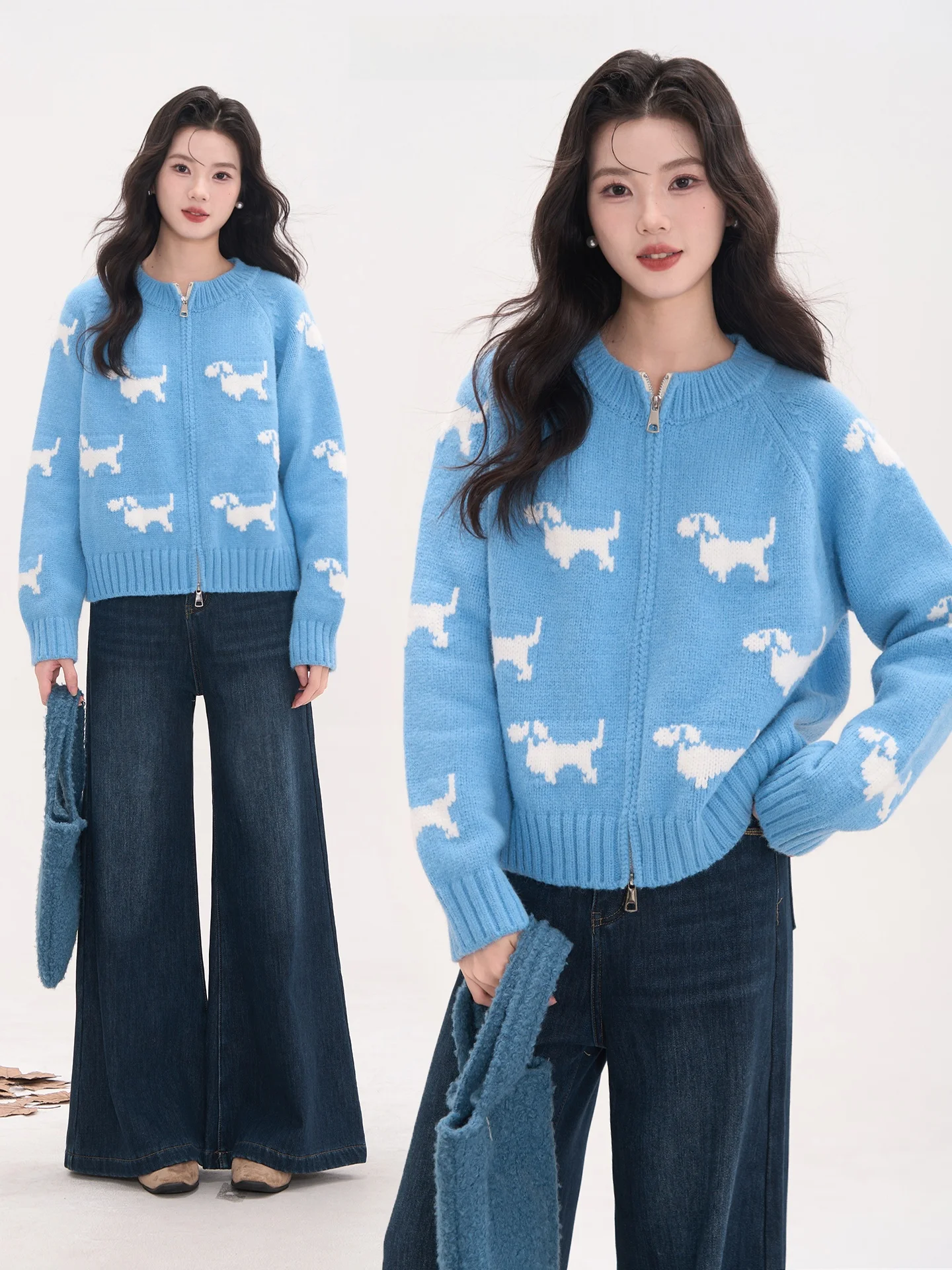 

Вязаный свитер Heme для женщин, с круглым вырезом, длинными рукавами, с вышивкой, на двойной молнии, с имитацией собачьей шерсти, повседневный, удобный, свободного кроя