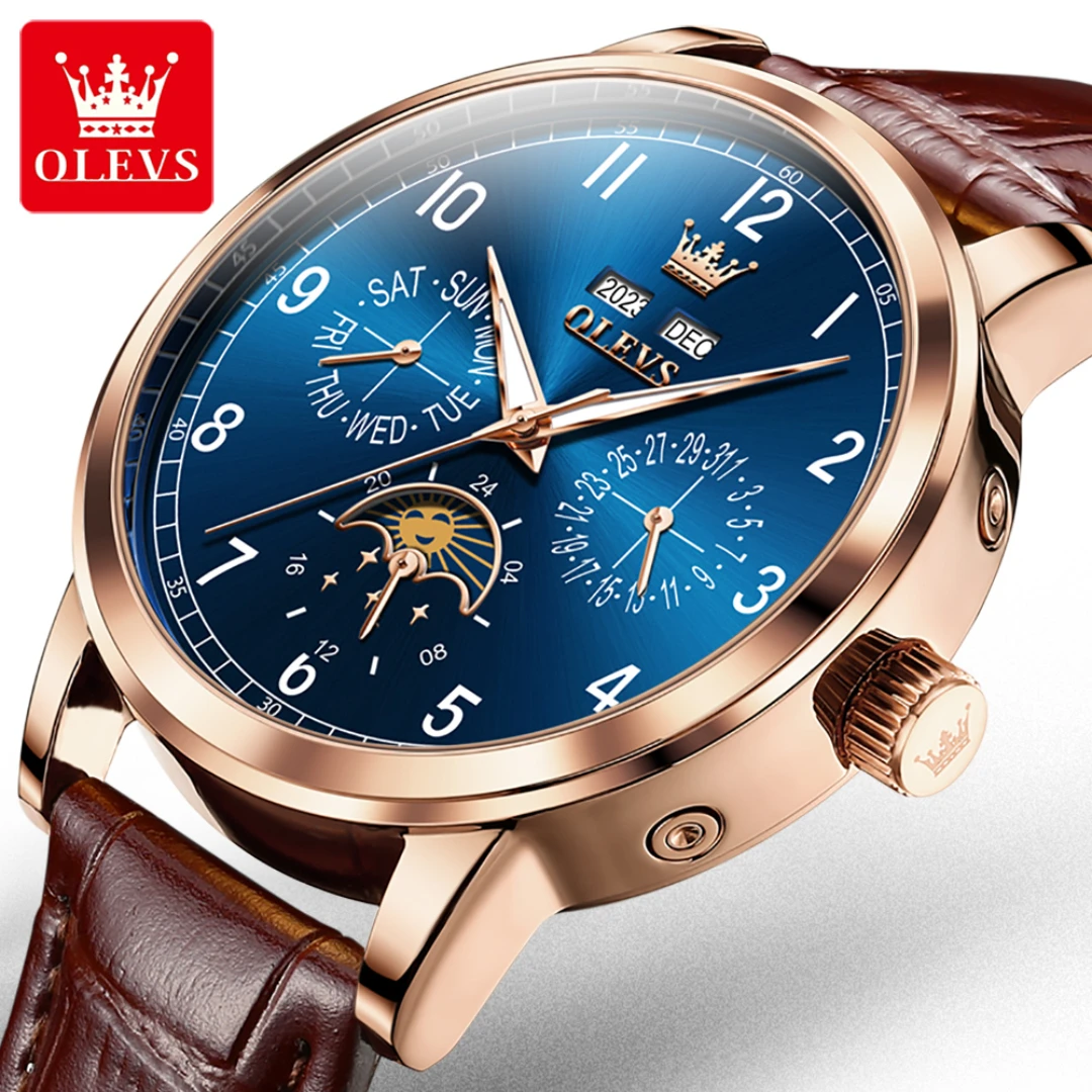 

OLEVS 6698 Business Mechanical Watch Gift Genuine Leather Watchband Round-dial Month Display Week Display Calendar Year display