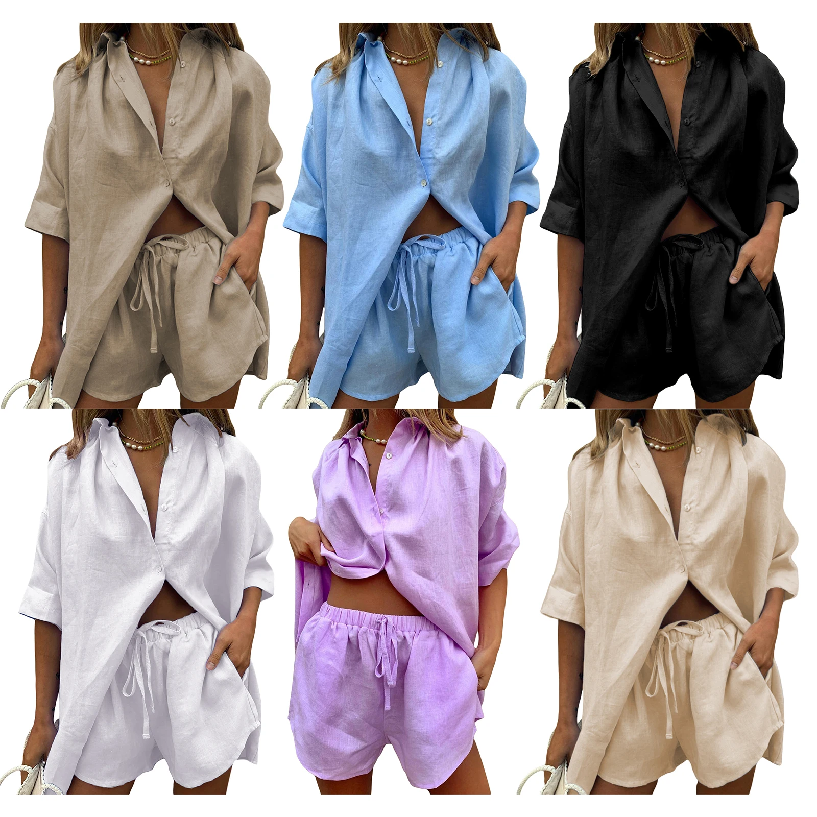 Women 2pcs Casual Clothes Set Summer Solid Color 3/4 Sleeve Loose Button-up Shirts Tops and Drawstring Shorts Outfits Streetwear