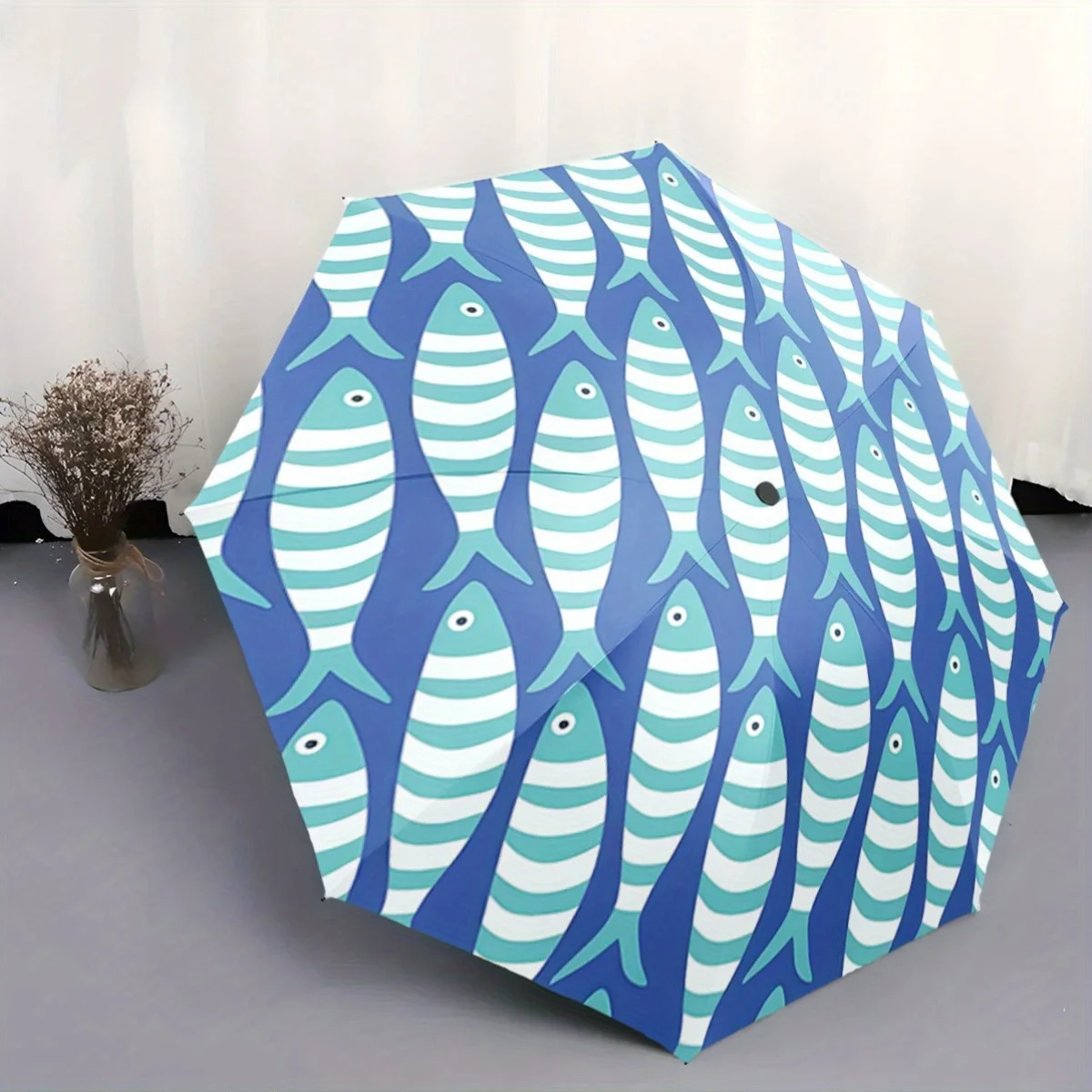 

Автоматический складной зонт с рисунком в полоску и рыбой — портативный, складной дизайн, прочная 8-спицевая рама, легкий и стильный