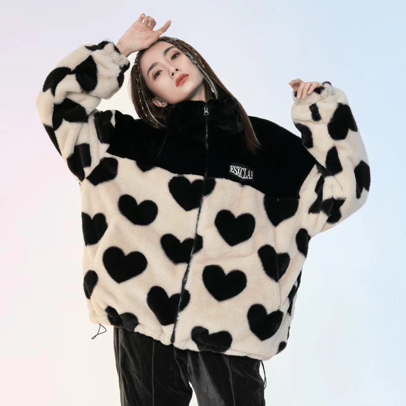 Fashion Heart Print Lambswool Jacket Women Winter Thick Warm Stand Collar Coat Woman Loose Fleece Zipper Faux Fur Outerwear