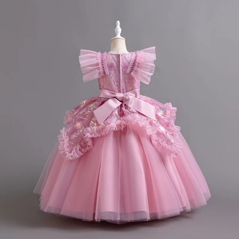 HETISO Sequined Flower Princess Long Dress for Girls Elegant Wedding Birthday Christmas Party Ball Gown for Kids Ages 6-10