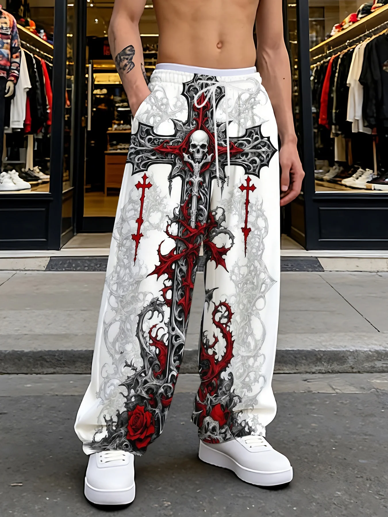 2026 Neues Modell Herren Gothic Vertikale Grafik Weite Jogginghose mit Kordelzug Lose Gerade Baggy Y2K Dark Punk Streetwear Hose. – Detail 5