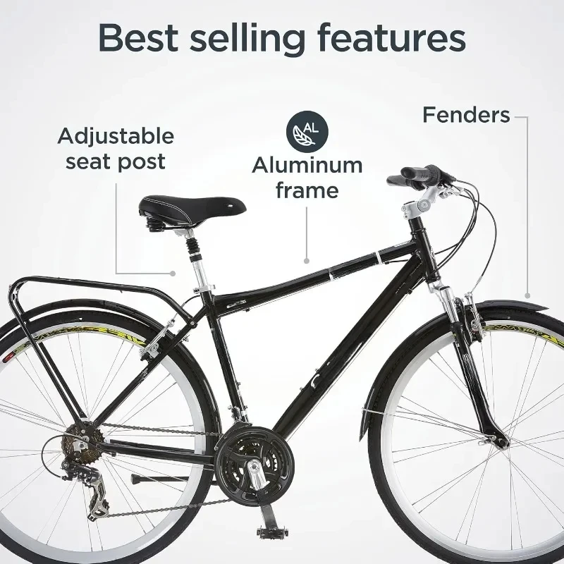 Adult Hybrid Bike for Men and Women,  21-Speeds, Step-Through or Step-Over Frame, Front and Rear Fenders, Rear Cargo Rack