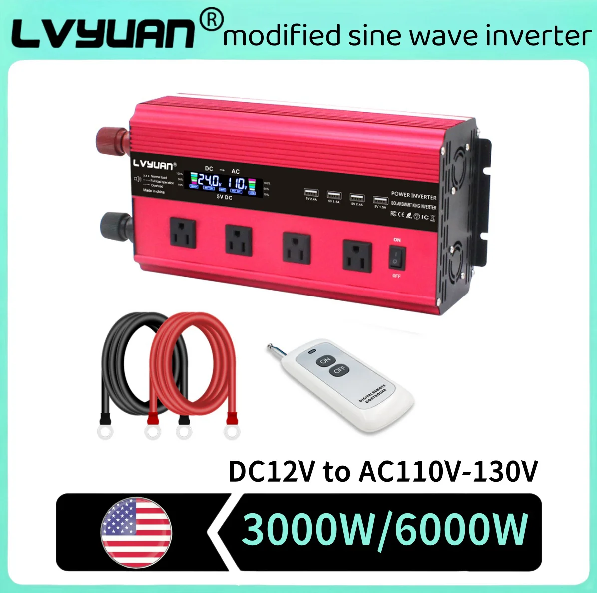 6000W/4000W Inverter DC12V AC110V-130V Caravan Converter LCD Display Outdoor Camping Inversor 4*Sockets Off Grid Inverter