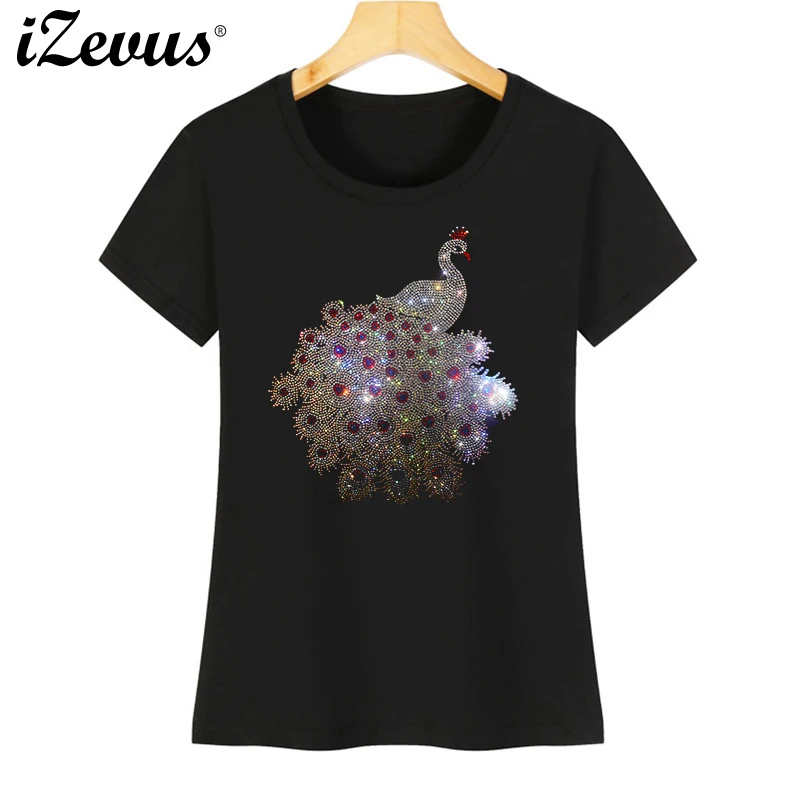 

Women's summer new Rhinestone Phoenix Bird Peacock Bird Hot Diamond casual short-sleeved pure cotton T-shirt