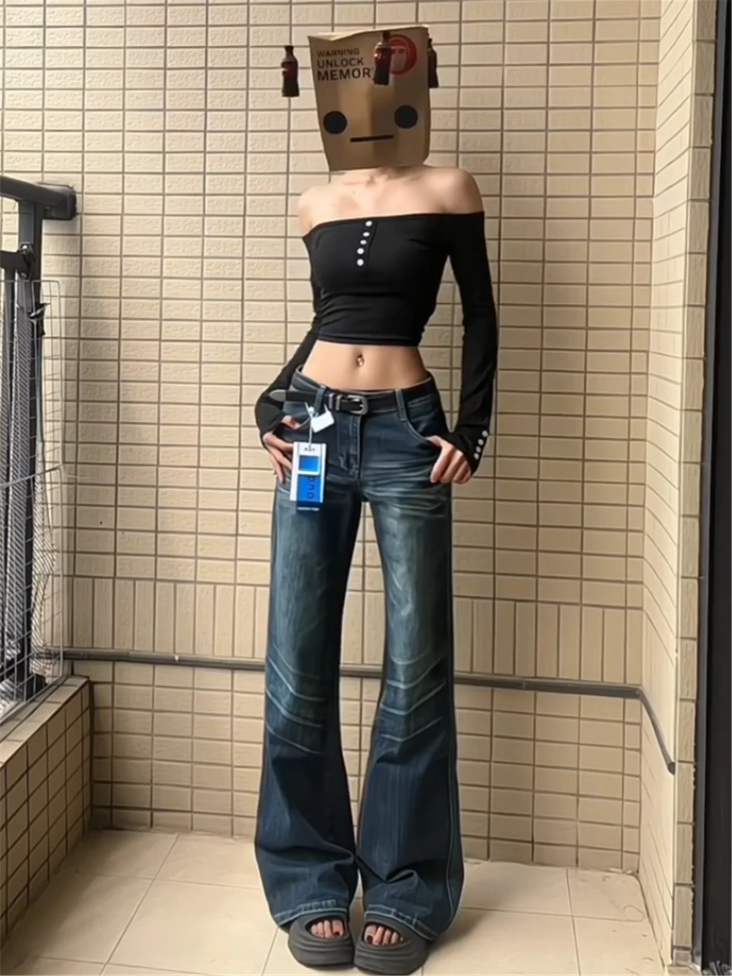 

American Vintage Low Waist Bell Bottom Jeans Women's Slimming Heavy Duty Dragging Pants Spring Cotton Soft Washed Denim