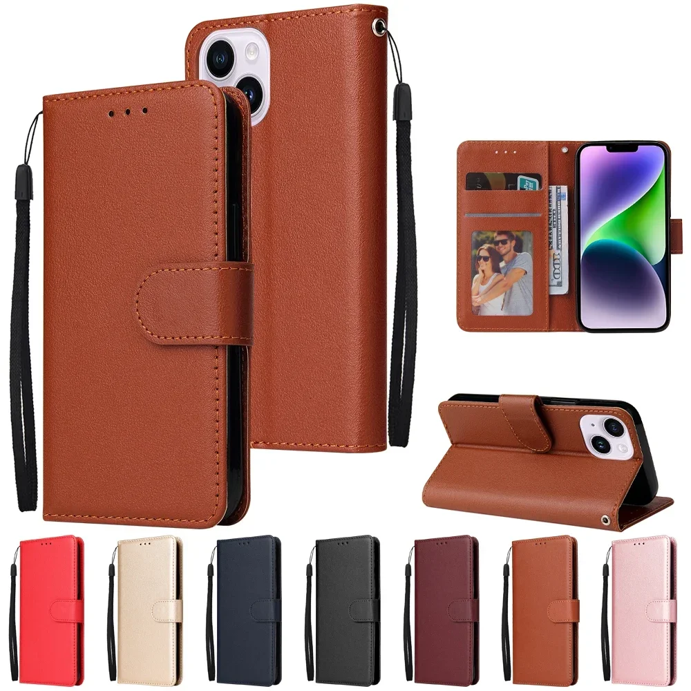 5X*Solid Color Leather Case Anti-fall Wallet Flip Phone Case For iPhoneX/XS/XR/11/12/13/14/15/16 Pro Plus ProMax Max MINI