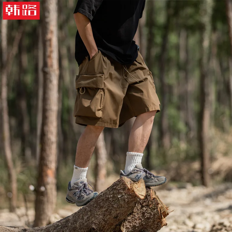 

Свободные шорты рабочей одежды с объемными карманами для мужчин, летние повседневные брюки с эластичной веревкой, японские брюки пять четвертей