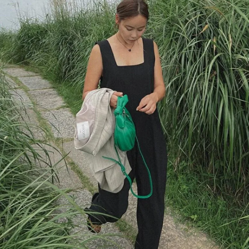 Johnature Casual Tank Women Jumpsuits   Summer New Korean Sleeveless Square Collar Sleeveless Full Length Simple Bodysuits