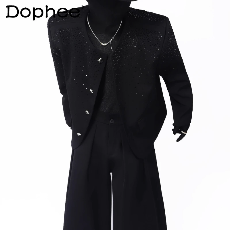 

2023 мужские осенние новые высококачественные короткие стильные пиджаки со стразами, подплечники, универсальные шикарные широкие брюки, модные комплекты из двух предметов