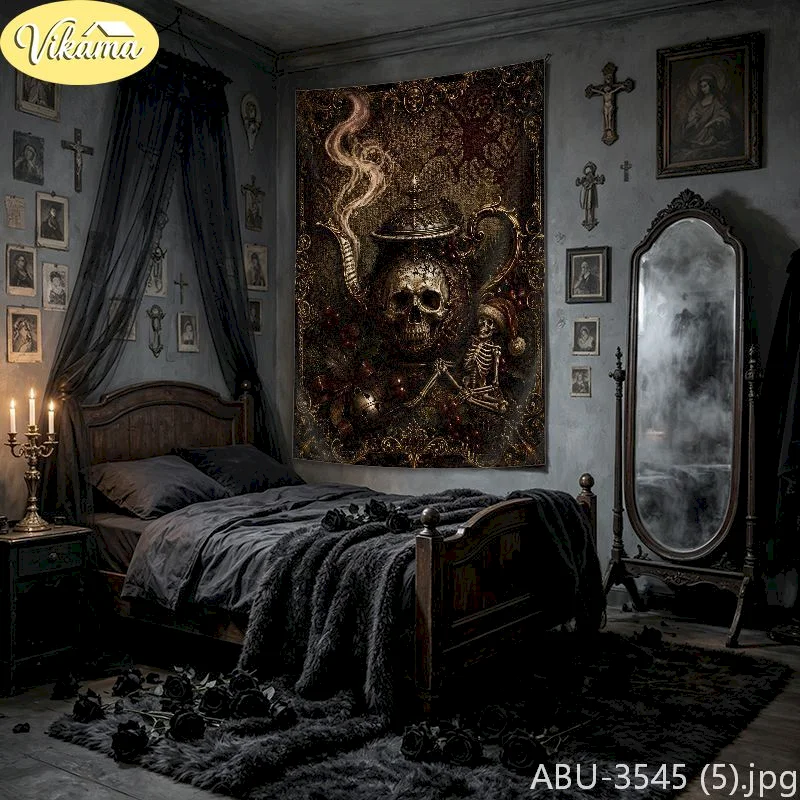VIKAMA Gothic Tapestry Wall Hanging Dark Skull Teapot Ornate Gold Spooky Dark Academia Halloween Bedroom Decor