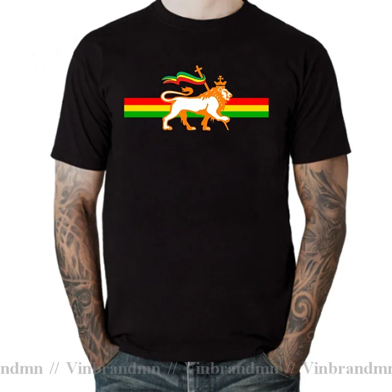 Novelty Red Yellow Green Stripes Rasta Lion of Judah T Shirt men Rastafarian Reggae Ethiopian Lion Flag T-Shirt Jamaica Clothing